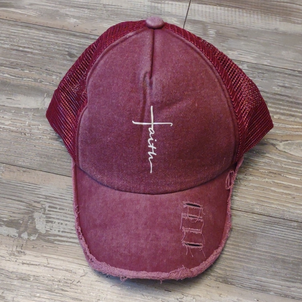 Burgundy Distressed Cap with Faith Embroidery